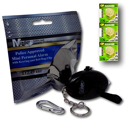 Minder® 140db Police Approved Mini Minder Loud Personal Staff Panic Rape Attack Safety Security Alarm Keyring with Torch - Secured by Design Approved (Police Preferred Specification) - With Spare Set of Batteries - Available in a range of attractive colours! (Black)