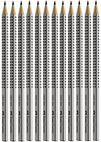 Faber-Castell Bleistift Grip 2001 in 6er-Packung, Härte: HB, Farbe der Hülle: silberfarben silber H