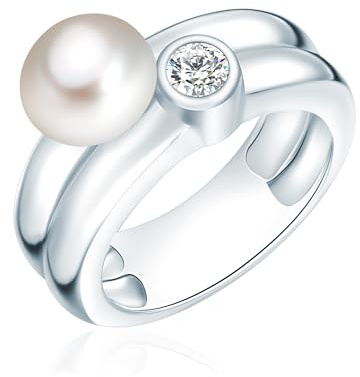 Valero Pearls Damen Ring 925/- Sterling Silber | rhodiniert, Perlenring, Zirkonia, weiß, Süßwasser-Zuchtperle, ca. 8,0 - 9,0 mm, weiß, rund