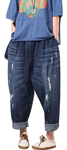 Youlee Donna Elastico Vita Ampia Leg Harem Pantaloni Foro Jeans Blu M