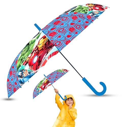 Marvel Avengers Children’s Umbrella Automatic Open Stick Brolly for Boys Girls Windproof PVC Rain Cover 75cm UV Protection Lightweight Gift for School Outdoor Travel
