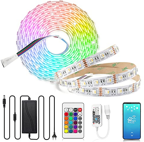 Arotelicht 5m LED Streifen RGBW 12V LED strip dimmbar warmweiß 4in1 Farbwechsel Lichterkette Lichterband mit WIFI Fernbedienung und Netzteil, 5050 SMD dimmbar, für Innen Deko Kücke Wohnzimmer