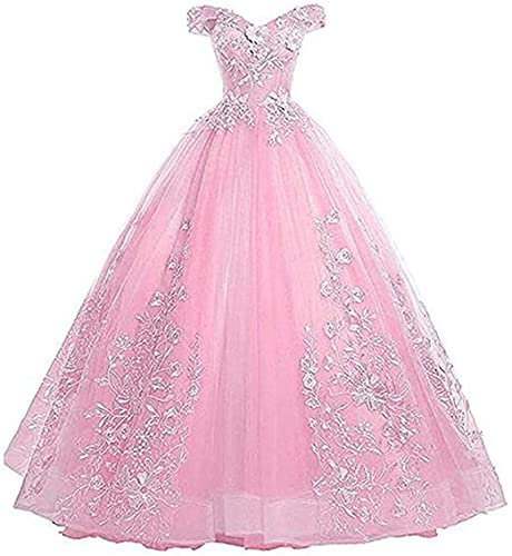 Xinaier Robe de Soirée Quinceanera - Longue en Tulle - Épaules Dénudées, Rose, 50