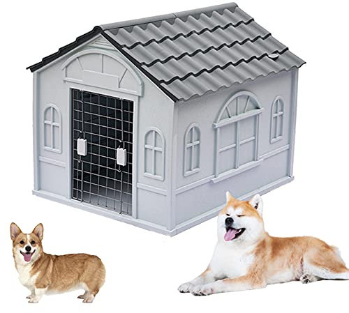 Caseta Perros Exterior Plastico, Caseta para Perros Exterior con Puerta, Casa Perro Mediano, Casa Perro Grande, Casa Perro Pequeño, con Tejado Puntiagudo, Casa de M(Size:S (1-30kg animal),Color:Gris)
