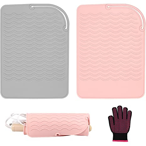 2 PCS Heat Mat for Hair Straighteners, Silicone Heat Resistant Mat for Curling Irons, Heat Proof Protection Mat for Travel Home Salon Flat Iron Hair Styling Tools with Gloves (8.58 X 6.3, Pink,Grey)