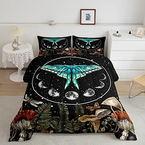 Death Moth Tröster Hippie Pilz Bettwäsche, Boho Mond Phase BettwäscheSets & Kollektionen Bohemian King Size BettwäscheSet, Luxus Vintage Steppdecke Chic Schmetterling Libelle BettwäscheSets Weich