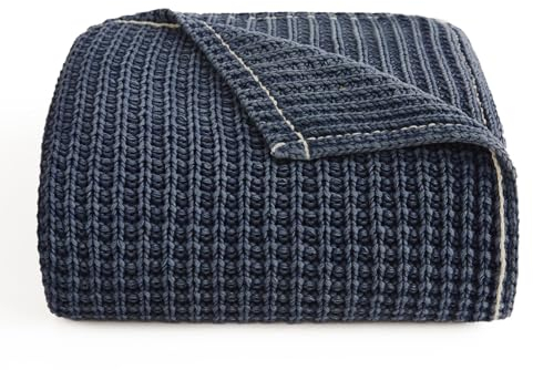 UGG Luna Strickdecke, Überwurf, Baumwolle, grob, weich, für Couch oder Bett, gemütlich, warm, Waffelmuster, leicht, Wohnzimmer, Schlafzimmer, Wohnheim, maschinenwaschbar, 127 x 177,8 cm, Königsblau