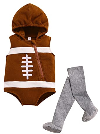 Conjunto de mameluco creativo de rugby para bebé, traje de fútbol americano con cremallera y capucha, sin mangas + medias, marrón, 6-12 Months
