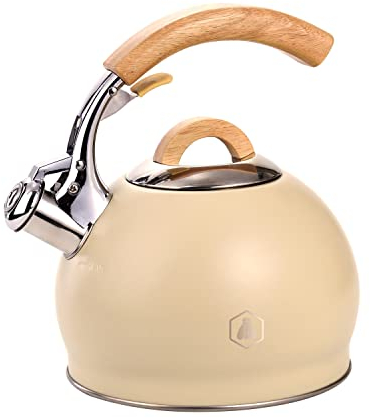 LAGUIOLE, Bouilloire Sifflante Crème, Manche en Bois, pour tous types de feux, 3 L