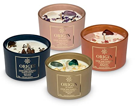 ORIGIN OF EARTH Duftkerzen im Glas (4er Set) 400g, Collection FLOWERS, Kerze mit Kristallen und Edelstein, Natürliche Sojawachskerze, 60 Stunden Brenndauer, mit floral-festlichen Düften