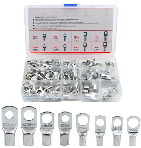 Kabelschuhe Set Rohrkabelschuhe Set M6 M8 Ringkabelschuhe 6mm² 10mm² 16mm² 25mm² Verzinntes Quetschverbinder Ringkabelschuhe für Boote Kfz Auto Motorad (130 Stück)
