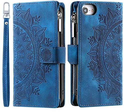 VEEMOS Wallet Case for iPhone SE 2022/2020, iPhone 7/8 Flower Flip Case Protective Leather Folio Book Phone Cover with Card Slots Kickstand Zipper Pocket - Blue