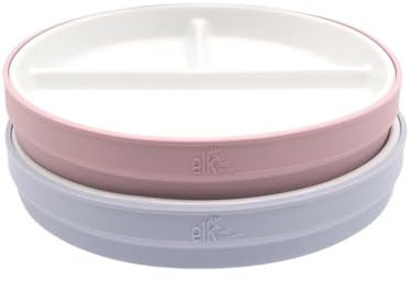Elk and Friends Kids 7.8” Porcelain White Divided Plates with Silicone Sleeves | Suitable for Babies/Toddlers | Microwave & Dishwasher Safe | Non Slip Dinnerware | Snack Dishes | 2 Pack