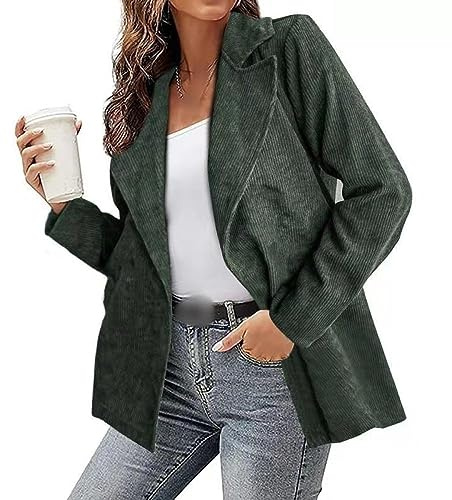 EVANEM Blazer Damen,Damen Cord-Blazer Grüne Blazer-Jacke Retro-Blazer Anzug Bolero-Jacke Lange Ärmel Strickjacke Für Freizeit Business Arbeit Büro Hochzeit Gast