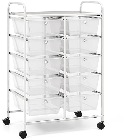 COSTWAY 10 Drawers Storage Cart, Multipurpose Mobile Organizer Shelving Unit with Handle, Removable Drawers & Lockable Wheels, Utility Rolling Trolley for Home Office Beauty (Clear)