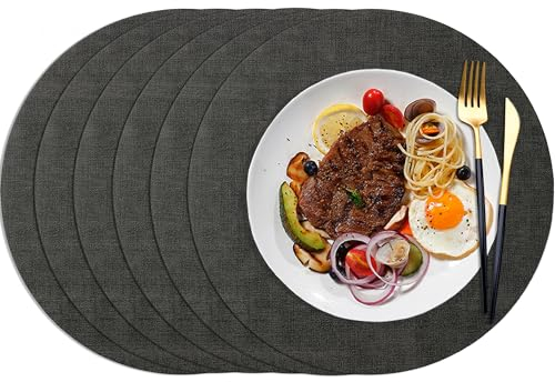 HNVNER Tischsets Rund Schwarz Leder 6er, Platzsets Abwaschbar 33x33cm, Platzdeckchen Doppelseitigen Hitzebeständig rutschfest Lederoptik Kunstleder Platzset