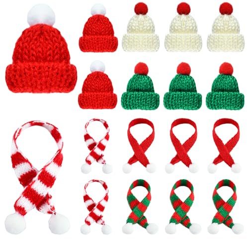EKKONG Mini Weihnachtsmütze und Schal, Klein Weihnachtsmütze und Weihnachtsschal Mini Kunsthandwerk Set- 9 Stück Kleine Mützen, 9 Stück Mini Schal für Weihnachten Heimdekoration