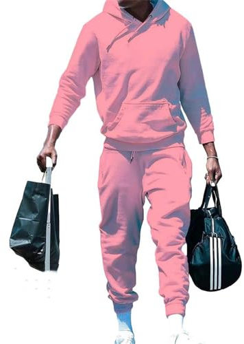 WESBR Sportanzug Herren Kängurutasche Jogginganzug Herren Casual Einfarbig Trainingsanzug Herren Einfachheit Kapuzenpullover Für 2-Teiliges Set Herren G-Pink XXL