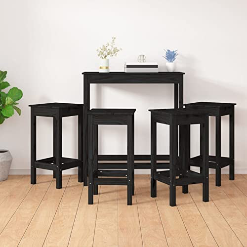 ZEYUAN 5-TLG. Bar-Set, Bartisch Mit Barhocker Set, Hochtisch Mit Stühlen Set, Esstisch Mit Stühlen, Küchentheke Mit Hocker, Schwarz Massivholz Kiefer