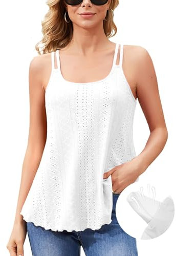 V FOR CITY Camisole for Ladies Cami with Built in Bra Flowy Casual Tank Top Padded Vest Top Adjustable Straps White XL
