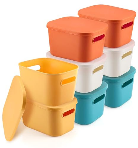 YKUKIZEE 8 Pack Multiple Colored Storage Boxes with Lids, Stackable Plastic Bathroom Storage Box with Handle, 6.5 L Kitchen Plastic Storage Box for Shelves Cupboard Wardrobe Baskets 24.5x17.5x14.5 cm