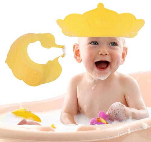 Baby Shower Cap Shield, Waterproof Safety Soft Silicone Kids Bathing Shampoo Hat, Adjustable Cute Crown Pattern Shower Cap for 0-9 Years Old Children Boys Girls, Eye and Ear Protection (Yellow)
