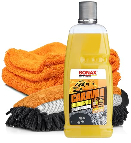 autopflege Wohnmobil Reiniger Set | Sonax Caravan Shampoo 1l + Waschhandschuh + Trockentuch | Wohnmobilreiniger Caravanreiniger Wohnwagenreiniger