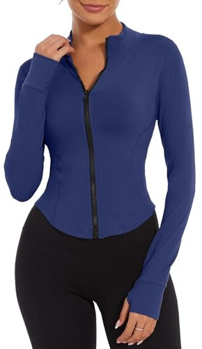 CheChury T-Shirt Damen Gym Top Sport Oberteil Yoga Langarm Crop Top Sportshirt Leicht Fitness Oberteil Freizeitjacke Sweatjacke Laufjacke Trainingsjacke mit Halbem Reißverschluss und Daumenloch