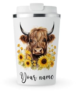 MAXIKIWI - Personalized Insulated Double Walled, Leakproof Stainless Steel Mug, Coffee or Tea Travel Tumbler with Lid, Keep Drinks Hot and Cold - Highland Cow with Sunflowers - 350ml