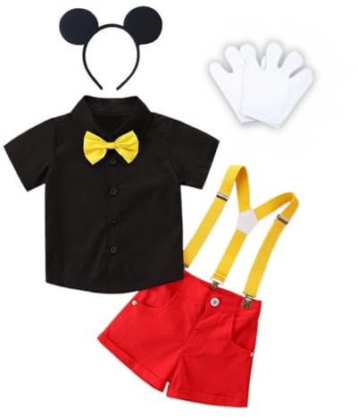 Lito Angels Mickey Costume Suspender Suit Fancy Dress Up Set with Mouse Ears Headband and White Gloves for Baby Boys Age 6-12 Months (Tag number 70)