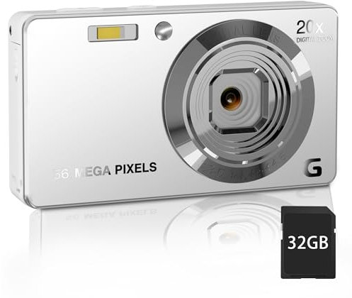 Fotocamera digitale FHD da 56 MP con zoom digitale 20X e messa a fuoco automatica, punto di scossa e fotocamera per bambini, adulti e principianti, include scheda SD da 32 GB, portatile compatta per