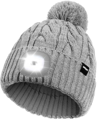 Wmcaps LED Beanie, Hat with a Light Built in Type-c Rechargeable Running Hat Ultra Bright 4 LED Light Hands Freely Head Torch Gifts for Dad Mum in Christmas Unisex Winter Warm Knit Beanie, Grey