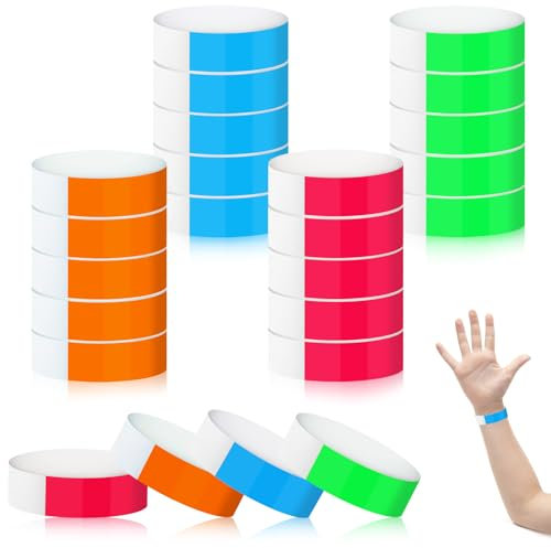 Lociban 400 Stück Einlassbänder, 4 Farben Eintrittsbänder, Festival Armbänder Wasserdicht, Einlassbändchen, Papierarmbänder für Veranstaltungen, Festivals, Konzerte, Spielplätze, Party (25×2cm)
