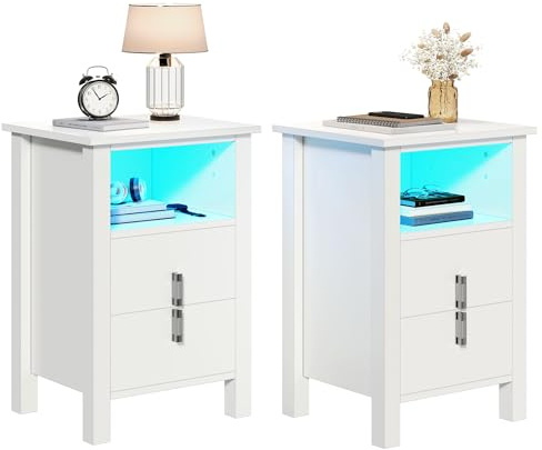 DWVO Bedside Table Set of 2, Bedside Cabinet with LED Lighting Nightstand with 2 Drawers and Cupboard Side End Table Storage Unit for Living Room Bedroom White