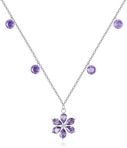VONALA Purple Flower Necklace 925 Sterling Silver Purple Cubic Zirconia Flower Pendant Jewelry for Women