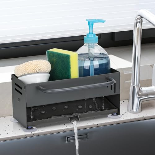 Euqvunn Soporte de Esponja, Acero al Carbono Organizador Fregadero Cocina, Soporte Esponja Fregadero, Porta Esponja Cocina con Bandeja de Goteo, Estropajo Organizador para Fregadero de Cocina