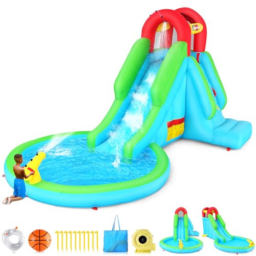 Toboggan aquatique gonflable pour enfants avec souffleur, toboggans aquatiques gonflables pour jardin, piscine, toboggan aquatique, canons d'eau, toboggans aquatiques muraux d'escalade (4 m)