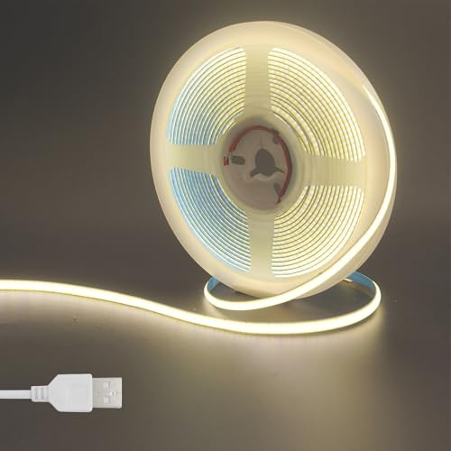 Clearhill 5V USB COB LED Strip Lights, 16.4FT / 5M, Naturweiß 4000K, 400LEDs / M, 5mm Breite, Nicht wasserdicht IP20, 1M USB-Kabel, Flexible LED-Bandlicht für DIY-Innendekoration