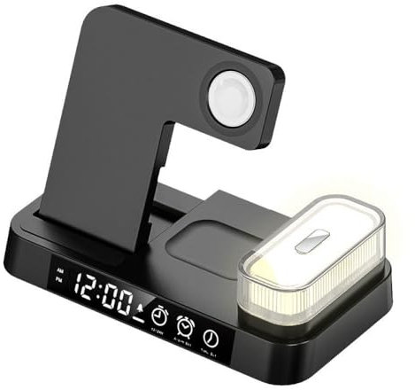 3-in-1 kabellose Ladestation 30 W Standpad mit Wecker und Nachtlicht für iPhone und Apple Watch (schwarz)