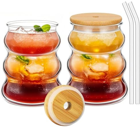 Haayymo 2Pcs 500ml Ribbed Glass Cups with Bamboo Lids and Straws, Tumblers Iced Coffee Glasses, Clear Drinking Glasses for Iced Coffee, Ideal Wavy Cups with Straws, Bubble Glass Aesthetic