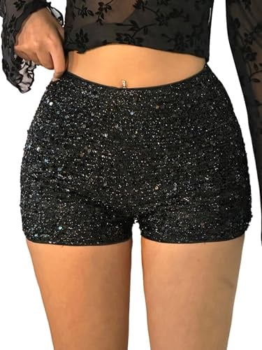 SOLY HUX Damen Shorts mit Pailletten Hohe Elastische Taille Glitzer Party Shorts Rave Hotpants Festivals Outfits Clubwear Casualshort