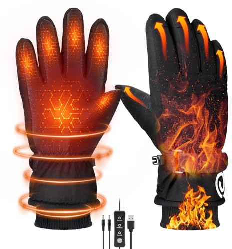 Yaskyly USB Heated Gloves for Men Women Full Finger Hand Warmers Heated Gloves Electric Heating Mittens Waterproof Windproof Warm Winter Gifts for Skiing Cycling Driving, 3 Levels Temperature