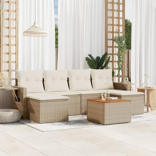 QJBSAVVA 7-TLG. Gartensofa Set Beige mit Gasfedern Ablage Akazienholztisch Modular PE Rattan Gartenmöbel für kleine Balkone Terrassen und Lounge Ecken