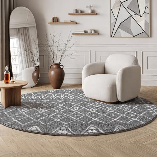 SANAT Boho Teppich – Moderner Teppich im Boho Stil, Geeignet für Wohnzimmer, Schlafzimmer, Flur, Esszimmer und Kinderzimmer – Boho Grau, Größe: 120 cm Rund