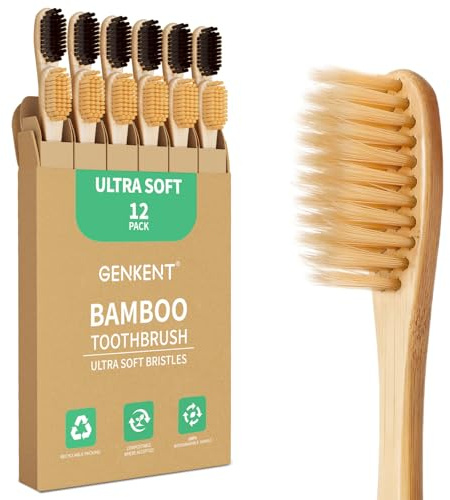 GENKENT Extra Weiche Bambuszahnbürsten, 12 Stück, Bambus Zahnbürste mit 0,15 mm Ultra Weichen Borsten für Sanfte Zahnpflege