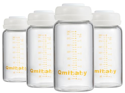 Qmibaby Glass Breastmilk Storage Bottles 240ml 8oz BPA-Free Leak-Proof Natural Baby Bottle for Breastmilk Storage Wide Neck Bottles with Screw Ring Sealing Disk Breastfeeding (White-240ML-4PCS)