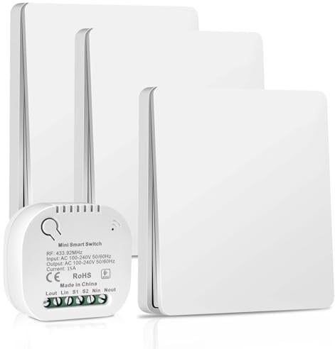 Hycago 230V Interrupteur Sans Fil Sans Pile avec Récepteur, Interrupteur Radio Auto-alimenté Sans Batterie, Va et Vient Sans Fil Mural Étanche,Télécommande Jusqu'à 50-200m (3 Interrupteur+1 Récepteur)