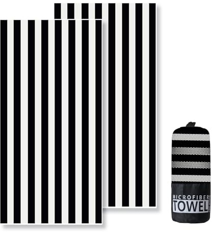 Lorymachy Mikrofaser Strandtuch - 180x100 cm Strandtuch XXL, 250GSM Schnelltrocknendes Badetuch Strand, Hautverträglich Beach Towel für Strand, Ausgestattet mit Aufbewahrungstasche(Schwarze Streifen)