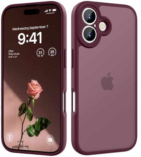 HGH für iPhone 16 Hülle, Dunkel Rot | Vollständiger Kameraschutz Stoßfest Kratzfest Anti-Fingerabdruck Transluzente Rückseite Matt Handyhülle für iPhone 16 Case
