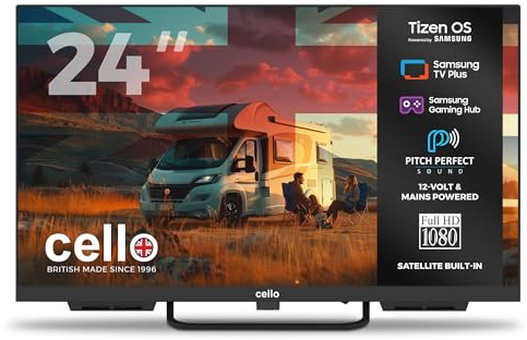Cello CTRAV-24TZ Smart TV LED 24 12V per camper e campeggio, Tizen OS di Samsung, Gaming Hub, altoparlanti Pitch Perfect, Bluetooth, triplo sintonizzatore